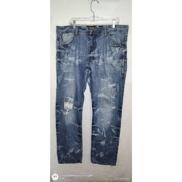 AKOO Brand Men's 38 Distressed Faded Bleached Jeans Live Full Live Well Y2K Butt - Picture 1 of 8